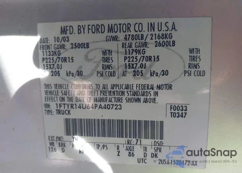 2004 Ford Ranger Edge/Tremor/Xl/Xlt z USA, uszkodzony, nr VIN 1FTYR14U64PA40723